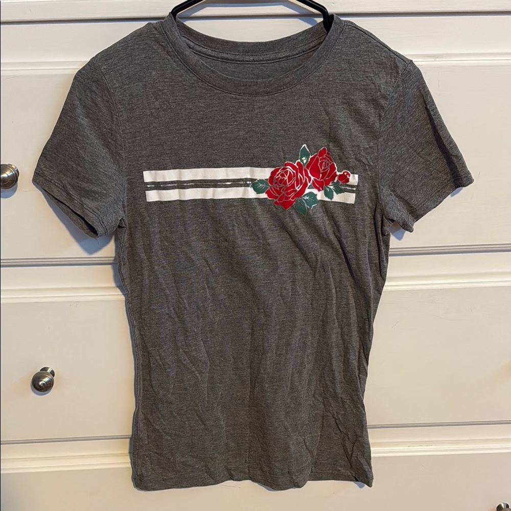 Gray T-Shirt with Red Rose Design
